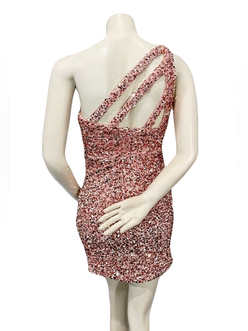 Rose Gold Sequin One-Shoulder Mini Dress Size 2 Open Back Cocktail Party Dress - Picture 3 of 7